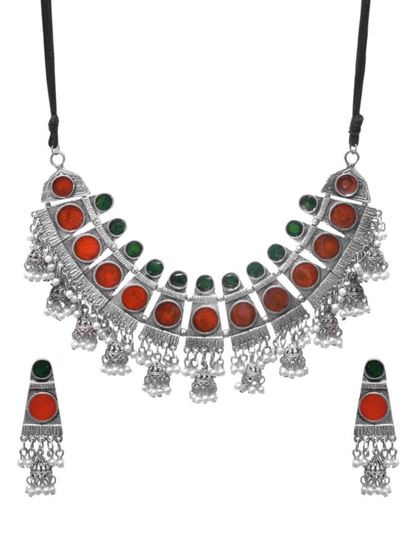 Huma Oxidised Silver Jewellry Set-Tribal Meenakari Work Choker Necklace Set for Women - Image 2
