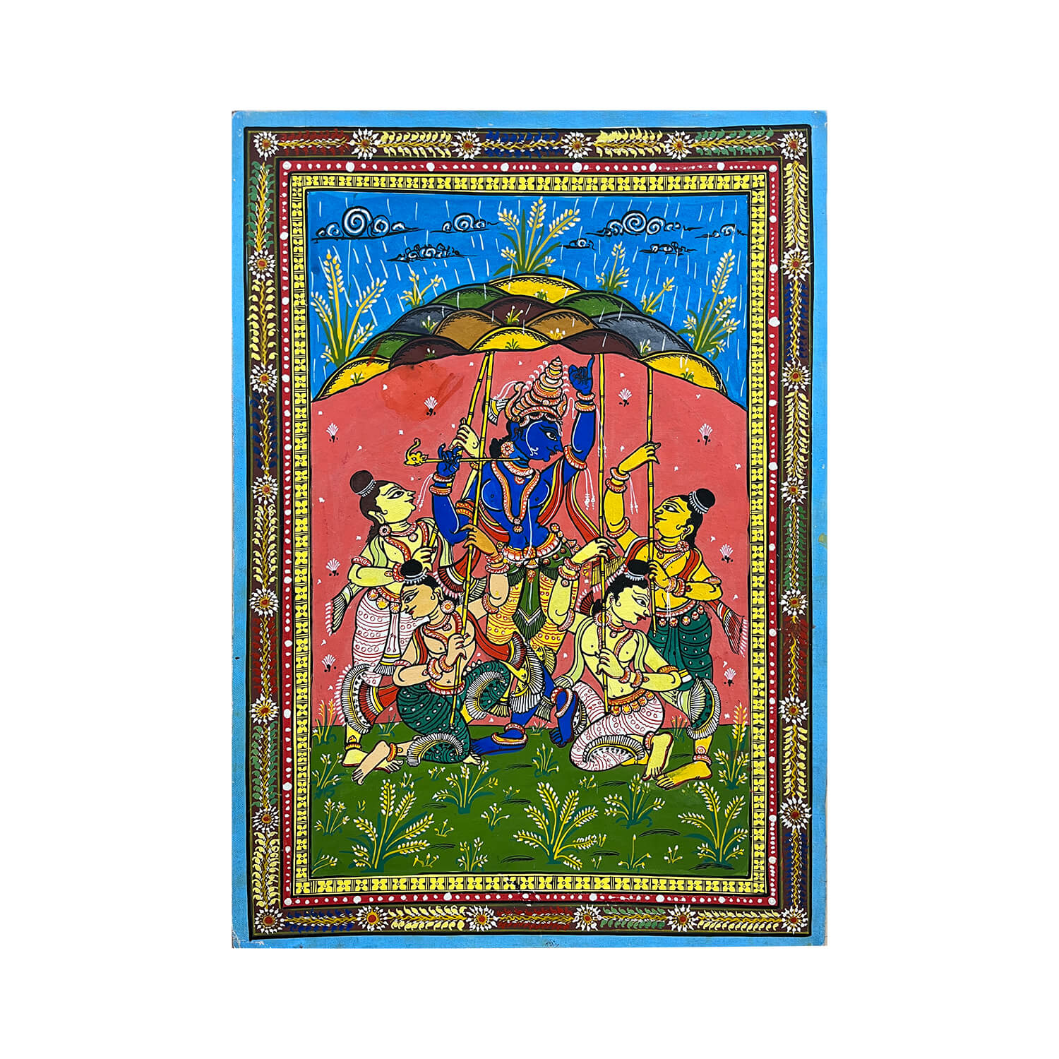Patta Painting of Lord Krishna Lifting Up The Govardhan Hill-2 - Image 2
