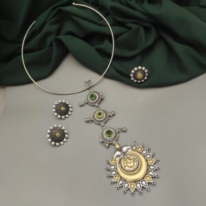 MIRZA Oxidised Two Tone Tie Hasli Necklace Earrings Ring Set