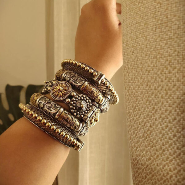 MRIGNAYANI Silver Replica Dual Tone Bangles Stack