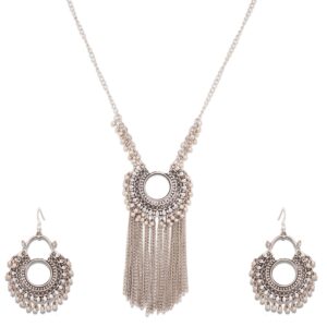 Affordable Oxidised Silver Afghani Mirror Pendant and Earrings Set