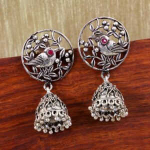 Antique Bird Style Oxidised Silver Jhumka Earrings - Small Silver Jhumki Design
