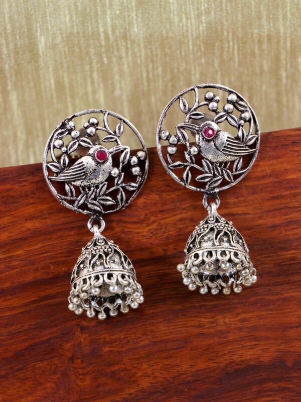 Antique Bird Style Oxidised Silver Jhumka Earrings - Small Silver Jhumki Design
