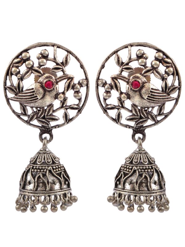 Antique Bird Style Oxidised Silver Jhumka Earrings - Small Silver Jhumki Design - Image 2