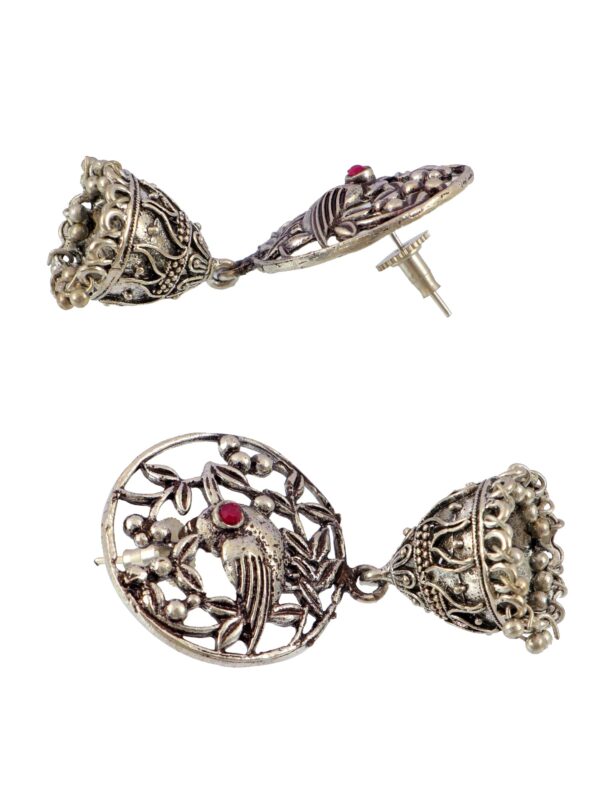 Antique Bird Style Oxidised Silver Jhumka Earrings - Small Silver Jhumki Design - Image 3