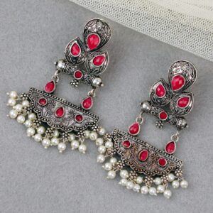 Antique Red Oxidised Silver Earrings for Woman & Girls