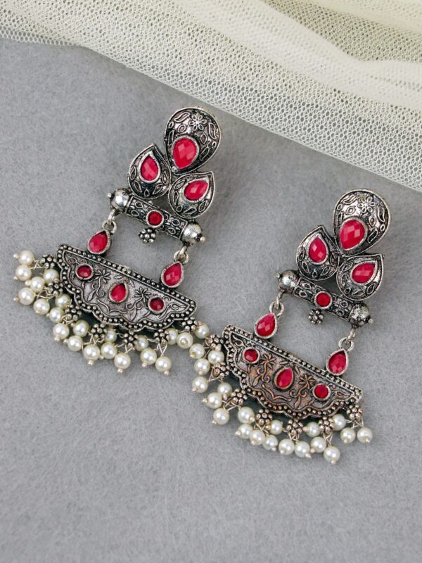 Antique Red Oxidised Silver Earrings for Woman & Girls