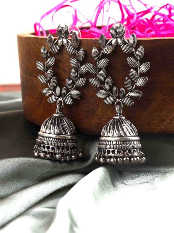 Beautiful Oxidised Silver Leaf Jhumka Earrings for Womens Festive Look - Image 3