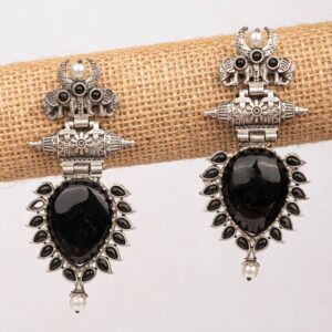 Black Pearl-Studded Oxidised Silver Look Earrings for Fashionable Occasions