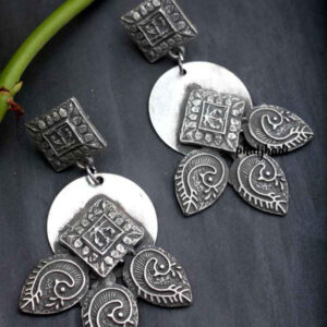 Black Silver Oxidised Square Stud Drop Earring