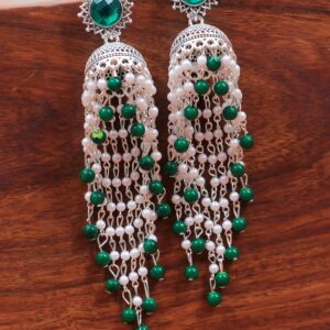 Blue Pearls Oxidised Silver Long Ethnic Jhumka Earrings for Women