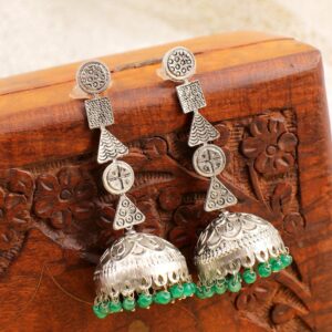 Boho-Kissed Antique Oxidised Silver Pearl Jhumkas with Green Drops for Chic Feminine Flair