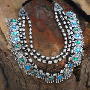Crunchy Fashion Jewellery Oxidised Silver Plated Blue Crystal Bohemian Necklace for Women and Girls