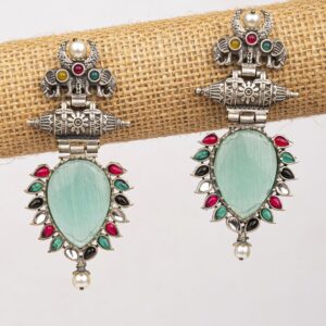 Dazzling Mint Green Oxidised Silver Drop Earrings with Elephant Motifs for Stylish Seniors Women and Girls