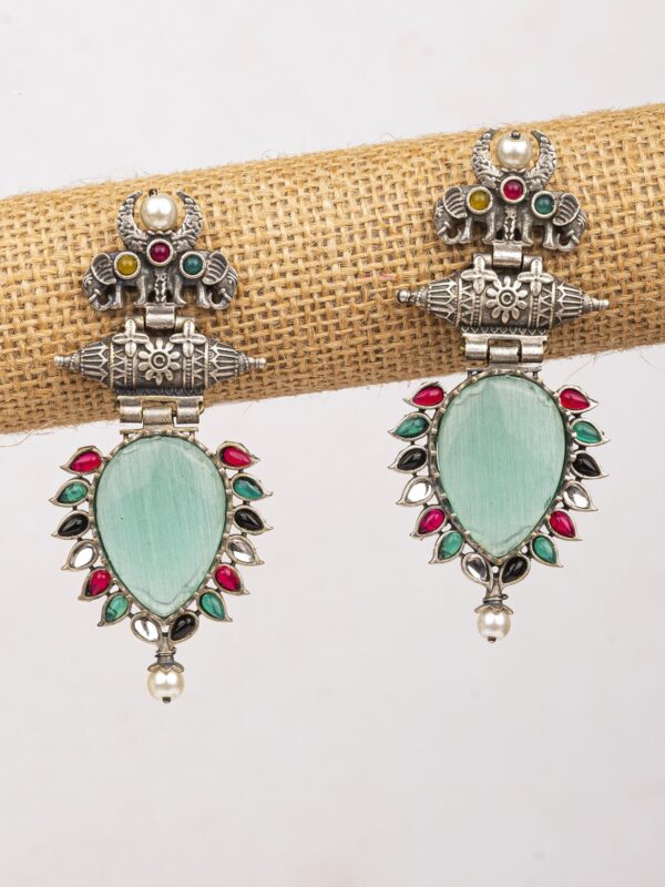Dazzling Mint Green Oxidised Silver Drop Earrings with Elephant Motifs for Stylish Seniors Women and Girls