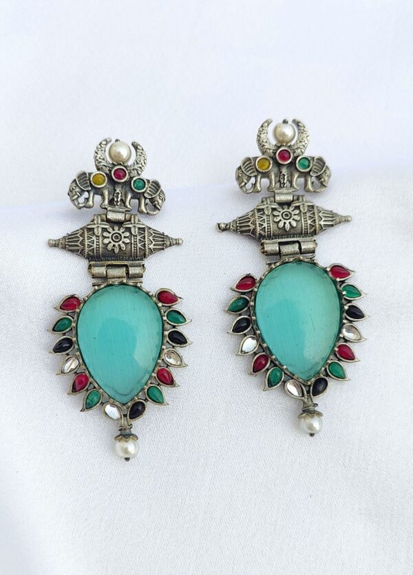 Dazzling Mint Green Oxidised Silver Drop Earrings with Elephant Motifs for Stylish Seniors Women and Girls - Image 2