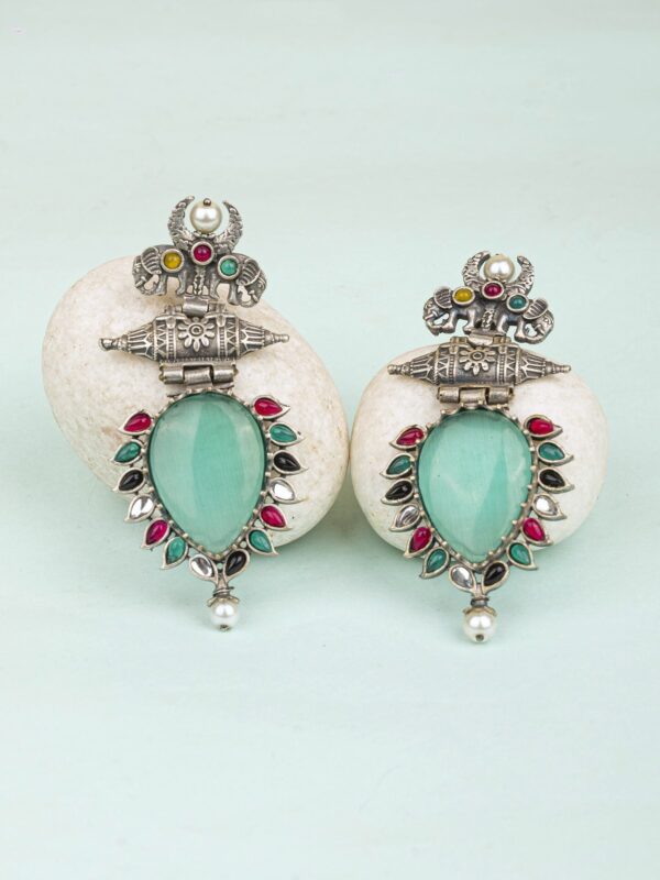 Dazzling Mint Green Oxidised Silver Drop Earrings with Elephant Motifs for Stylish Seniors Women and Girls - Image 3