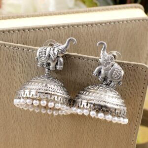 Elephant Whispers Oxidised Silver Boho Jhumkas for Statement Looks