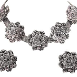 Embellished Flower Oxidised Silver Necklace With Stud Earrings
