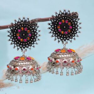 Ethnic Oxidised Silver Multicolor Jhumka Earrings for Festive Fashion