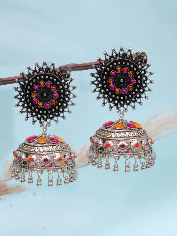 Ethnic Oxidised Silver Multicolor Jhumka Earrings for Festive Fashion
