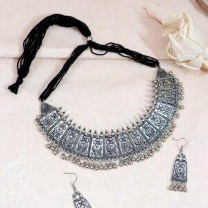 Exquisite Meena Work Oxidised Silver Choker Necklace Set for Stylish Women & Girls