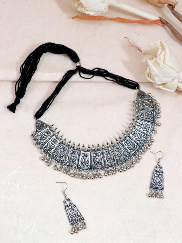 Exquisite Meena Work Oxidised Silver Choker Necklace Set for Stylish Women & Girls