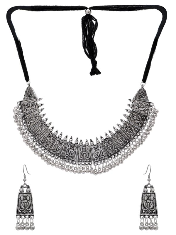 Exquisite Meena Work Oxidised Silver Choker Necklace Set for Stylish Women & Girls - Image 2