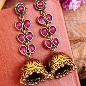 Exquisite Oxidised Silver Jhumka Earrings with Crystal Leaves Design