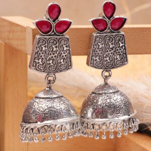 Exquisite Oxidised Silver Tone Red Stone Dome Jhumka Earrings for Wome