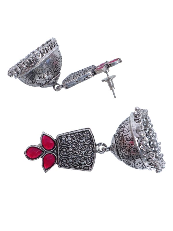Exquisite Oxidised Silver Tone Red Stone Dome Jhumka Earrings for Wome - Image 3