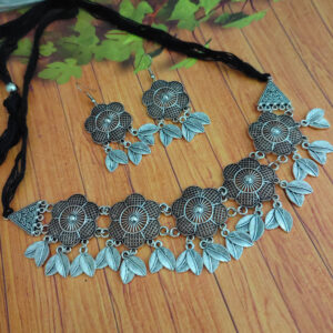 FALAK Oxidised Flower Choker Necklace Earrings Set