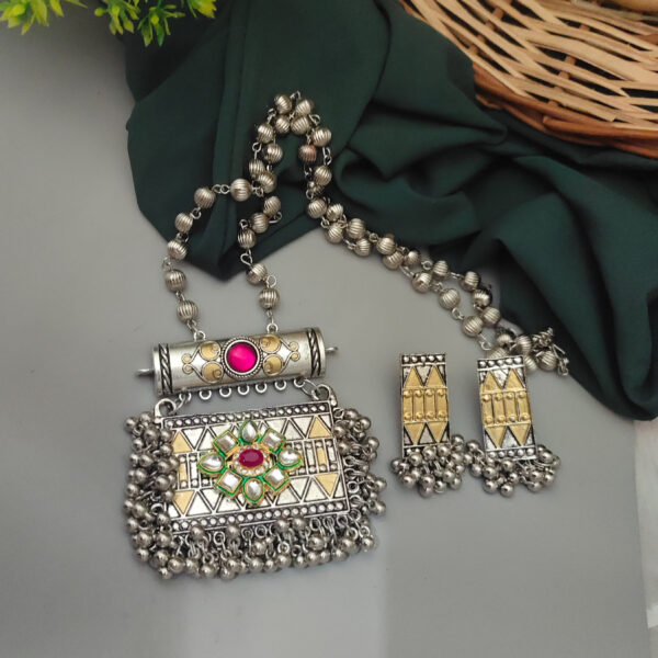 FIDA Long Two Tone one Fusion Necklace Earrings Set - Image 2
