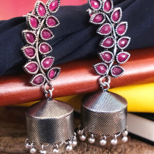 Fashionable Silver Plated Pink Jhumka Earrings - Oxidised Silver Jhumkas for Women