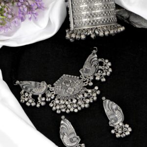 Handcrafted Oxidised Silver Plated Peacock Choker Jewellery Set