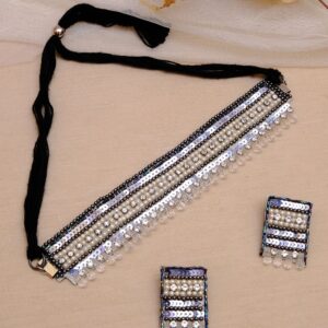Handmade Oxidised Silver White Choker Necklace and Earrings Jewellery Set for Party Wear