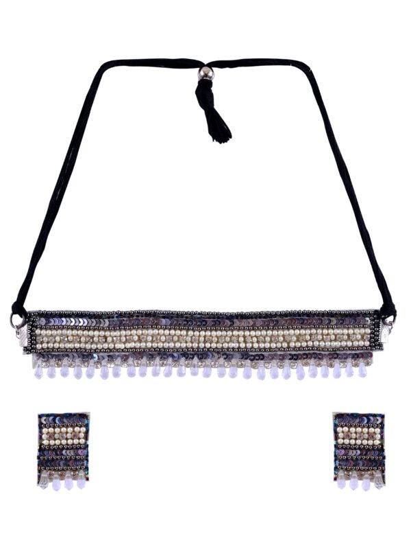 Handmade Oxidised Silver White Choker Necklace and Earrings Jewellery Set for Party Wear - Image 2