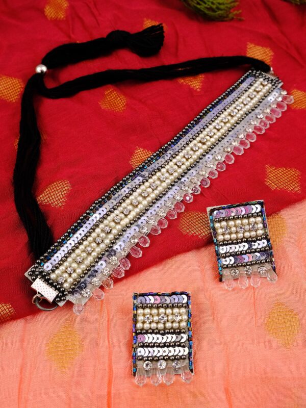 Handmade Oxidised Silver White Choker Necklace and Earrings Jewellery Set for Party Wear - Image 5