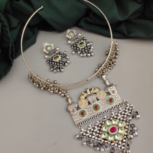 KSHITI Oxidised two tone Hasli Necklace Earrings Set