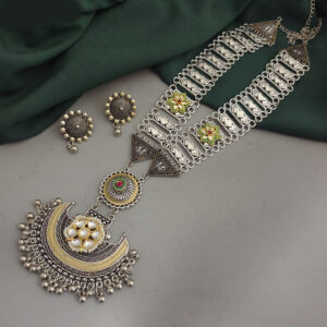 Kanishka Oxidised Long Fusion Necklace Earrings Set