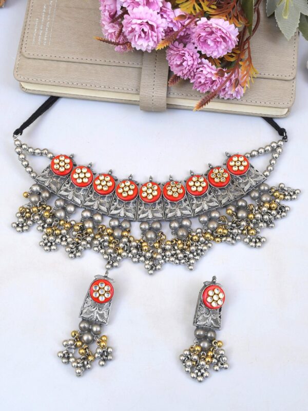 Kundan Studded Oxidised Silver Jewellery Set for Women