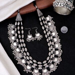 Mirror Work Long Oxidised Silver Jewellery Set for Girls