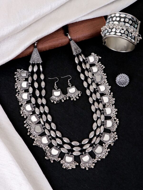 Mirror Work Long Oxidised Silver Jewellery Set for Girls