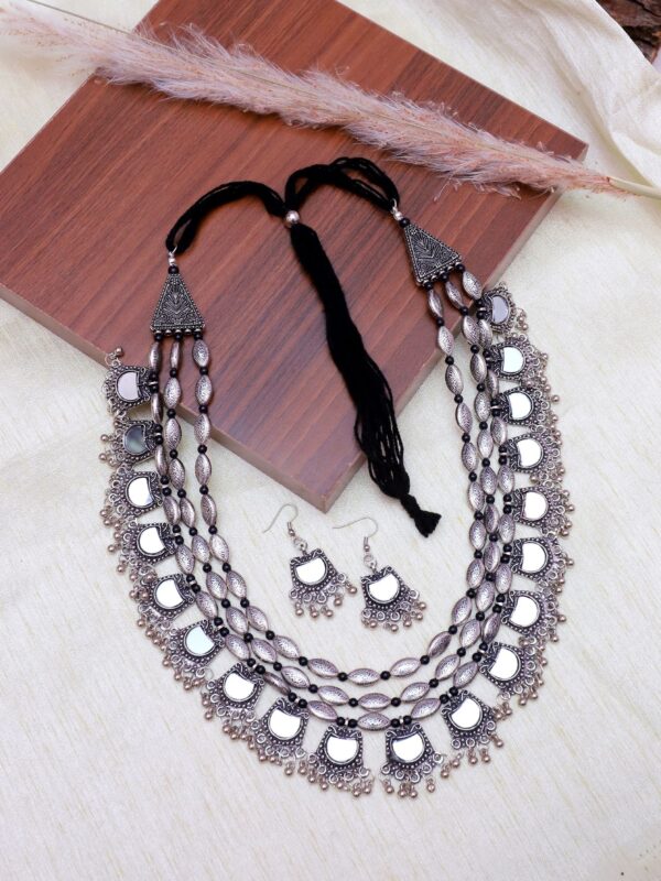 Mirror Work Long Oxidised Silver Jewellery Set for Girls - Image 2