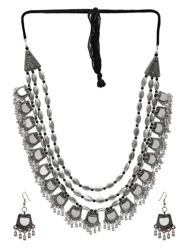 Mirror Work Long Oxidised Silver Jewellery Set for Girls - Image 3