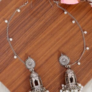 Moksha Jhumka- Traditional Oxidised Silver Temple Chain Jhumki Earrings