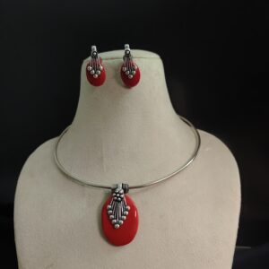 NIHIRA Oxidised Stone Hasli Necklace Earrings Set-Red