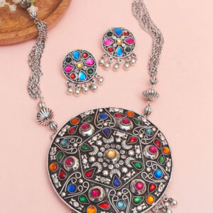 Nazima stone pendant Oxidised Necklace Set