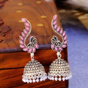 New Design Oxidised Silver Jhumka Earrings with Pink Peacock - Perfect for Women and Girls