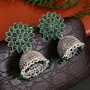 Nisha Oxidised Jhumkas - Oxidised Silver Floral Jhumki Earrings for Women